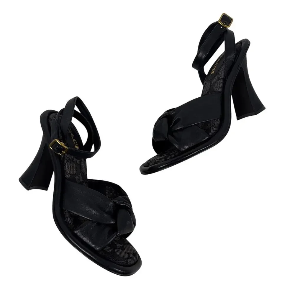 Coach Quincey Black Leather Heeled Sandals Womens 7 B Top Knot Comfort Jacquard - Picture 14 of 15